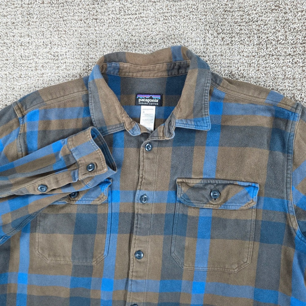 Patagonia Fjord Flannel Shirt Mens XL Brown Blue Plaid Organic Cotton Heavy